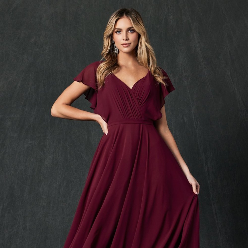 NEW FLOOR LENGTH A-LINE POLYESTER DRESS WITH V-NECK & CASCADE ZIPPER BACK JT 261